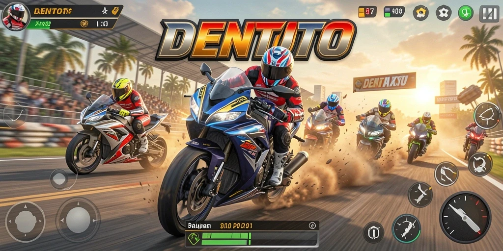 Screenshot gameplay DENTOTO menampilkan aksi balapan motor yang mendebarkan.