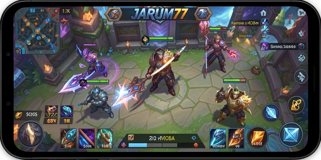 Tampilan gameplay MOBA yang dinamis dan menarik di JARUM77.