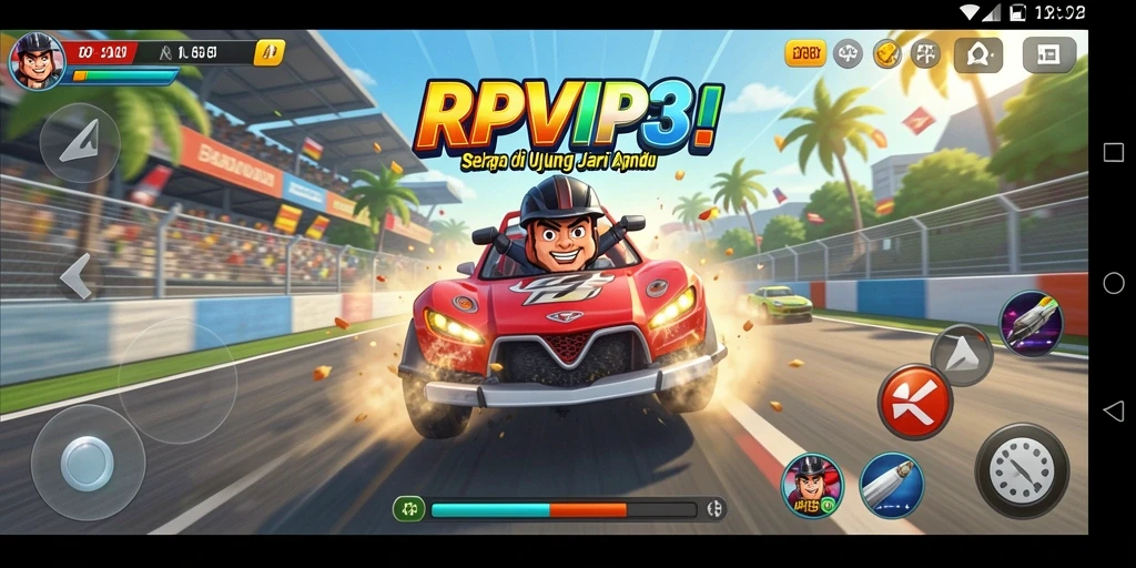 Screenshot utama RPVIP3 menampilkan momen balapan yang mendebarkan.